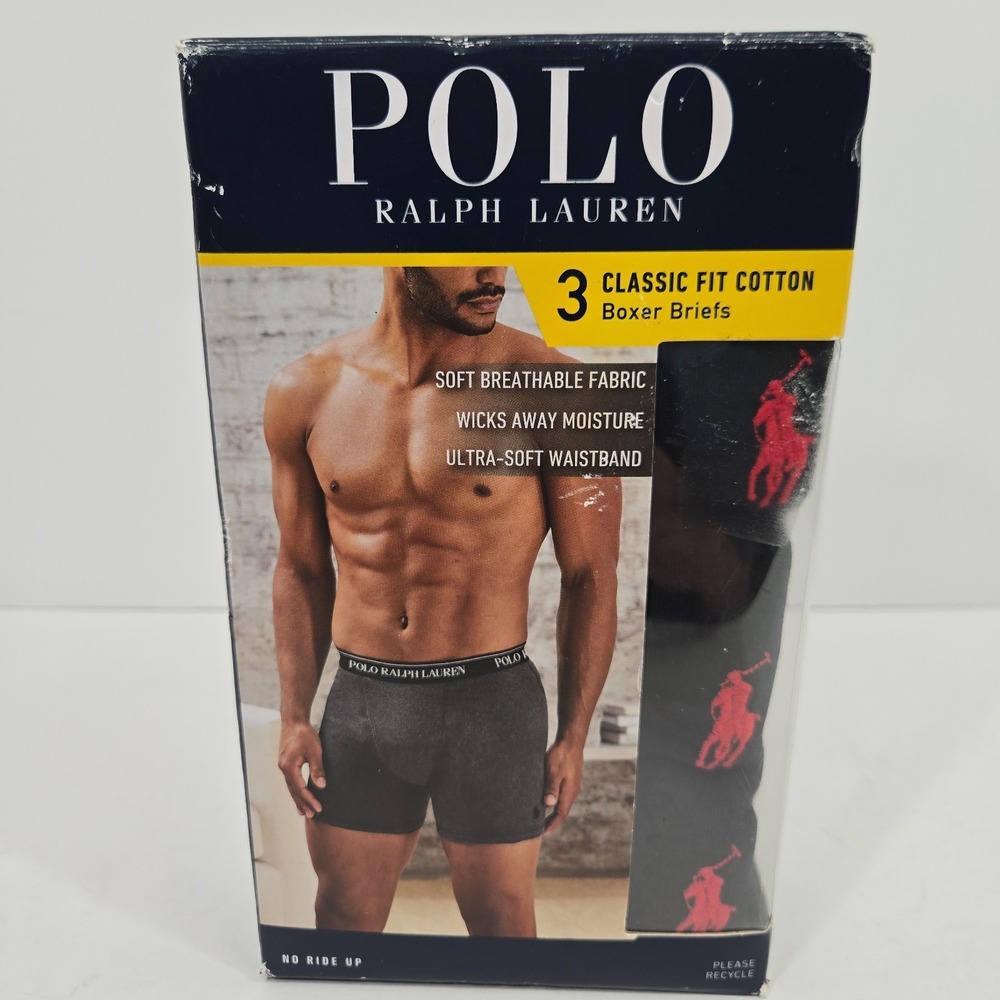 Polo Ralph Lauren Mens Small Classic Fit Cotton Boxer Briefs 3 Pack Black Red S
